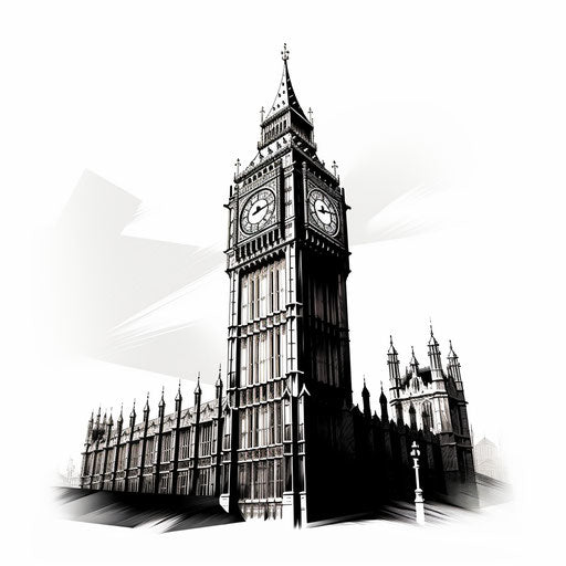 Big Ben illustration in the style of Chiaroscuro Art, on a white background