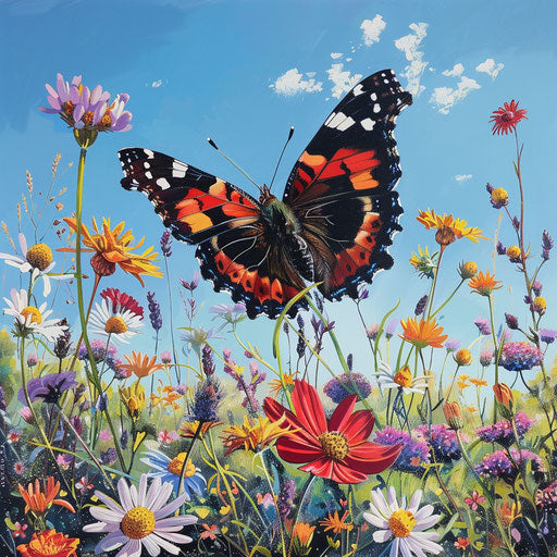 Red admiral butterfly among wildflowers