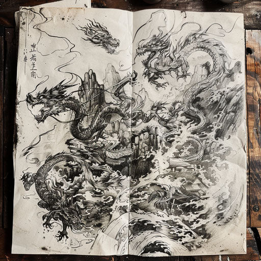 Artistic flat tattoo sketch of mythical creatures in hellish landscape
