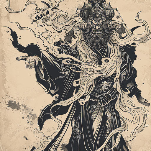 Flat tattoo sketch of an elegant Japanese demon