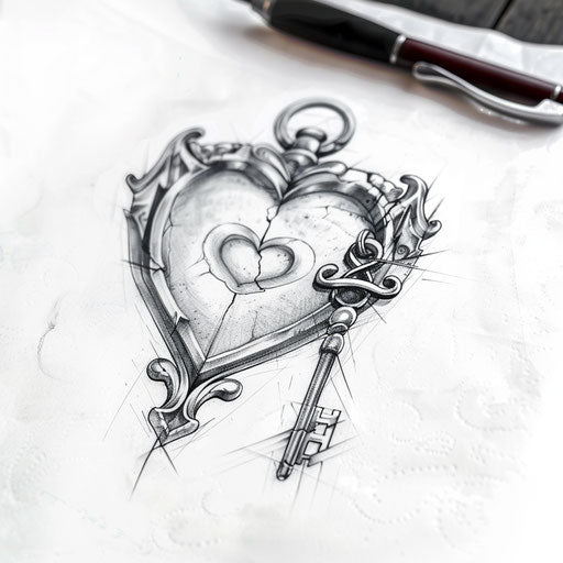 Heart locket tattoo design with key on white paper