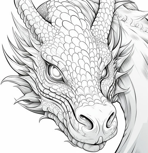 Dragon coloring page, cute doodle on white background, shiny eyes style, realistic yet stylized