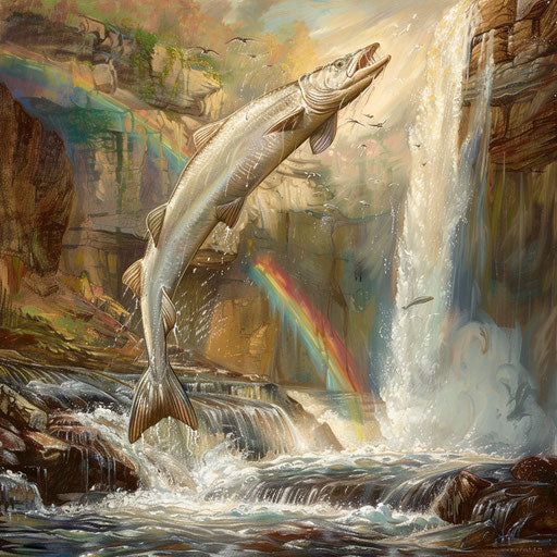White sturgeon leaping in front of waterfall with rainbow