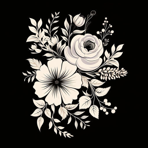 Black and white floral design, classic tattoo style