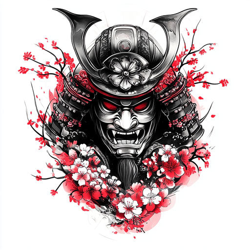 Yakuza back tattoo sketch with samurai mask and cherry blossoms