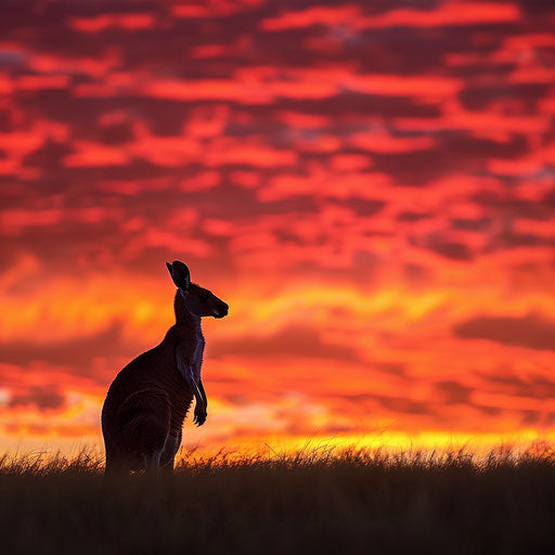Vibrant sunset with red kangaroo silhouette