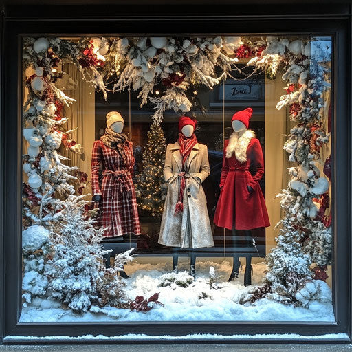 Festive window display with mannequins in holiday attire surrounded by snow