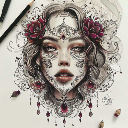 Bohemian chic flat tattoo sketch with rich jewel tones and paisley details