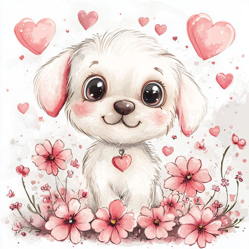 Cute Valentine's Day puppy surrounded by flowers and hearts