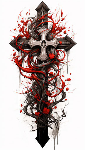 Black and red cross tattoo with white design