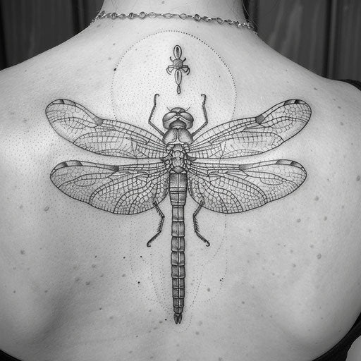 Dragonfly tattoo in fine line in the style of Maria Sibylla Merian
