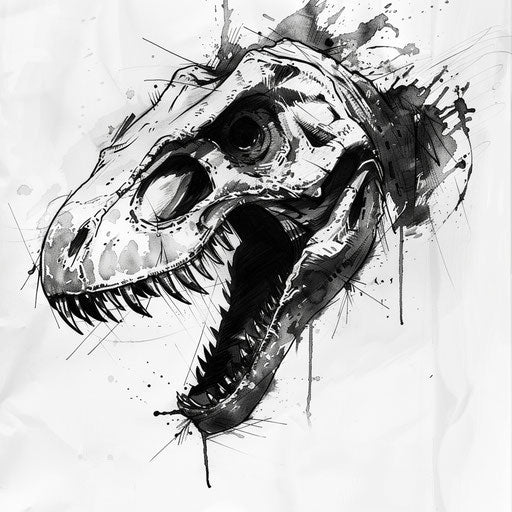 Black and white ink drawing of a fierce dinosaur skull tattoo design