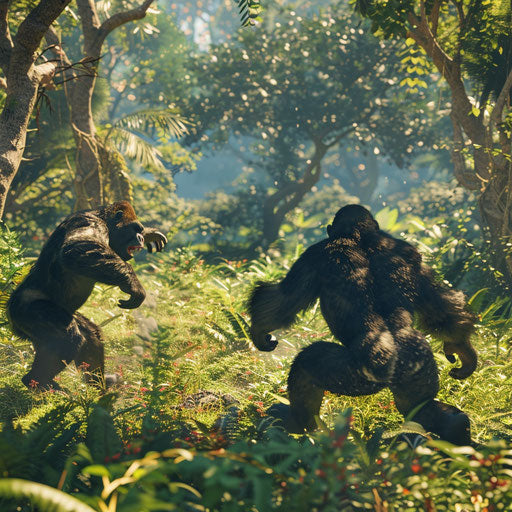 Playful scene of gorillas chasing each other in a sunlit glade