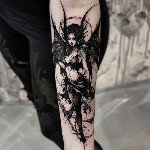 Forearm tattoos for women in the style of Gerald Brom with dark fairies