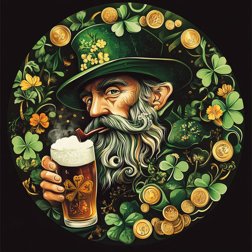 Circular St. Patrick's Day design with leprechauns, gold coins, beer