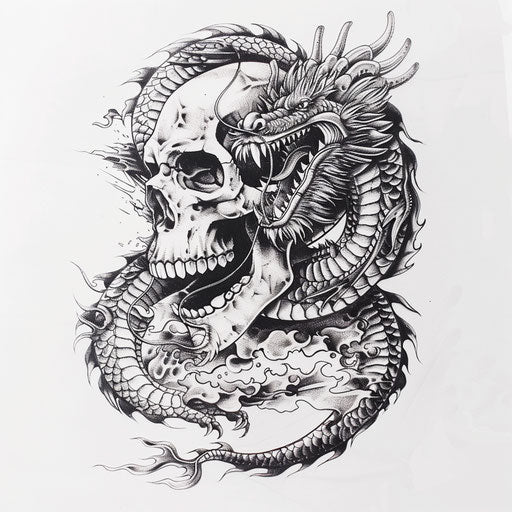 Skull tattoo intertwined with dragon on white backdrop
