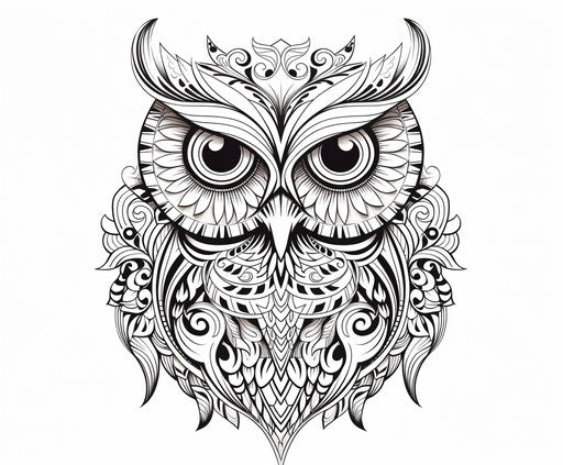 Black and white owl on white background, geometric ornaments