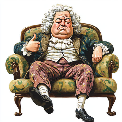 Humorous caricature of a J.S. Bach caricature with human characteristics, exaggerated prominent chin, short legs, sitting on a couch, vibrant colors, cartoon style, thumbs down, high-resolution, no background, isolated - c 40