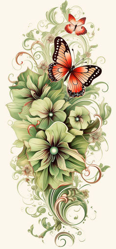 Elegant floral butterfly with light red and green free-flowing lines