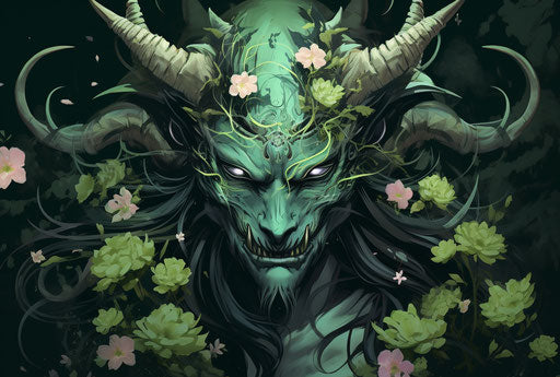 Green Japanese demon with horns and flowers