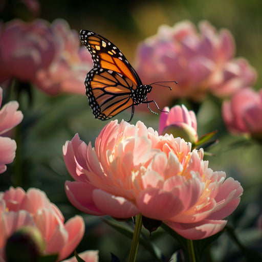 Monarch butterfly flying over a pink peony