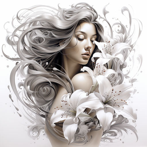 White and black lily, romantic hyperrealistic illustration