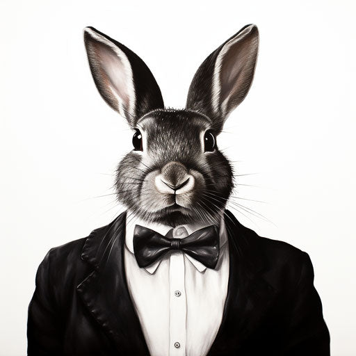 Black rabbit with bow tie on white background, graphic design style