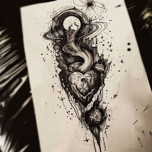 Black heart merging into an abstract cosmic scene