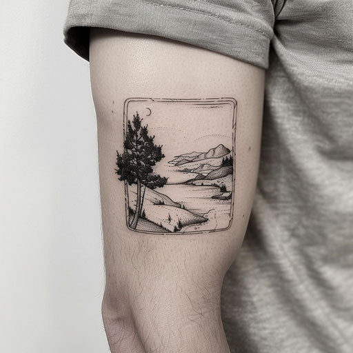 Elbow tattoo of a surreal landscape, in the style of David Palumbo, on the elbow
