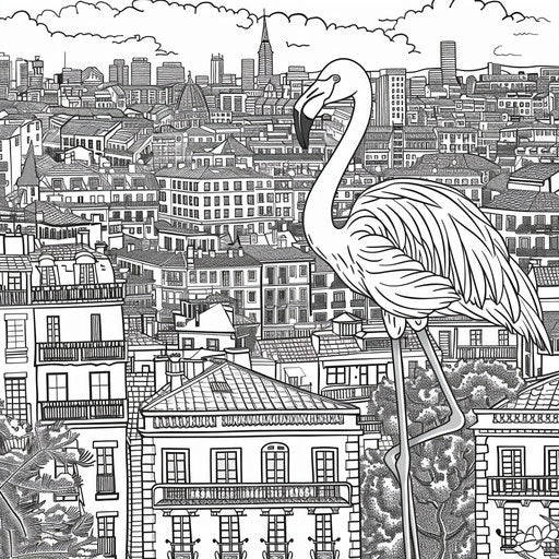 Detailed flamingo in a cityscape with buildings