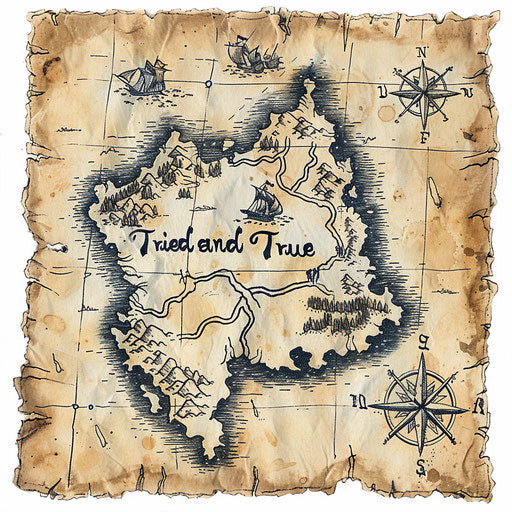 Watercolor sketch of a treasure map with 'Tried and True' as the X marking the spot