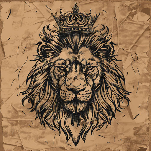 Flat tattoo sketch of a lion with a crown in natural brown tones