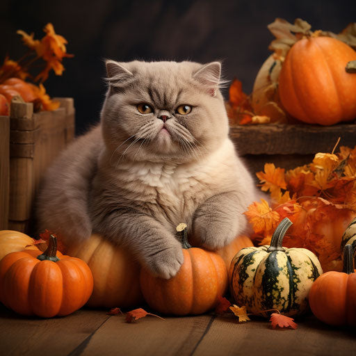 Exotic shorthair cat resting with pumpkins