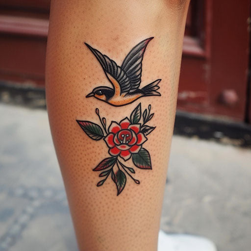 Adorable small tattoos in the style of Ed Hardy with classic swallows