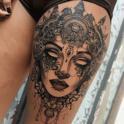 Intricately detailed female tattoos, in the style of Guy Aitchison