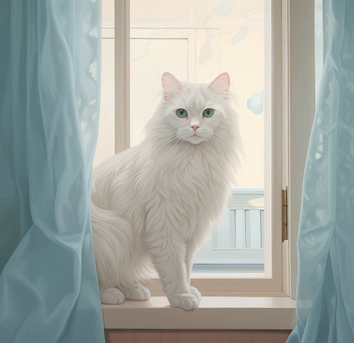 White and blue cat between two windows, light maroon and light beige style