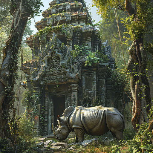 Rhino exploring ancient temple ruins overgrown with jungle