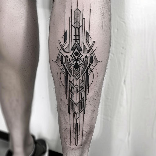Minimalist cyber tribal tattoo with sharp digital lines and geometric shapes, black and silver, on a pure white background