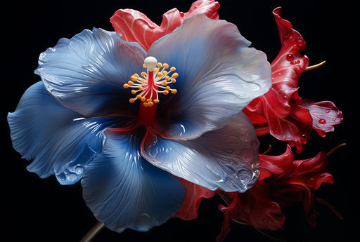 Blue flower with red eyes in shibori style