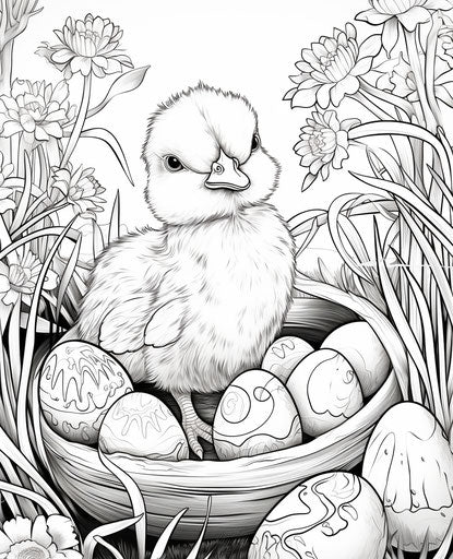 Easter coloring page for kids with bunny and chickens