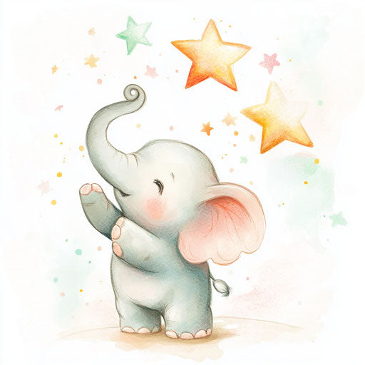 Small elephant tattoo reaching for the stars in soft colors