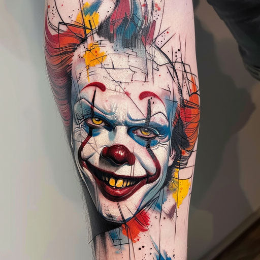 Expressionist clown tattoo with intense colors on white