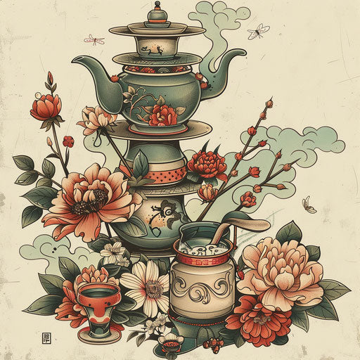 Vintage sketch of oriental tea ceremony with retro color palette