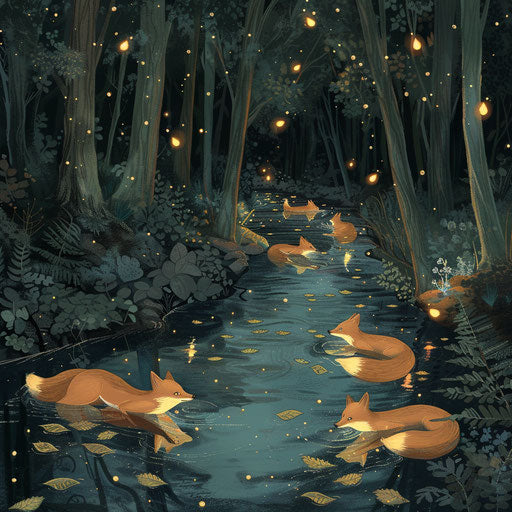 Foxes floating on leaves down a sparkling river
