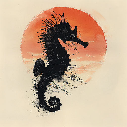 Silhouetted seahorse tattoo sketch on sunset-colored background