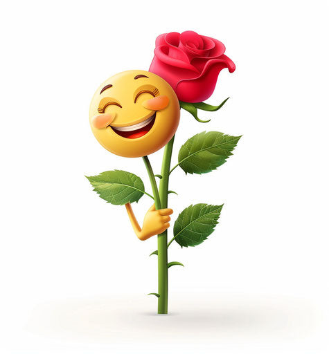 Vector emoji with smiley face holding rose on white background