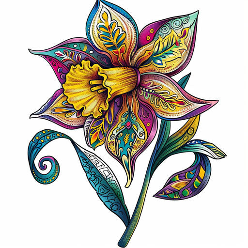 Bohemian clipart style flat tattoo sketch of a daffodil
