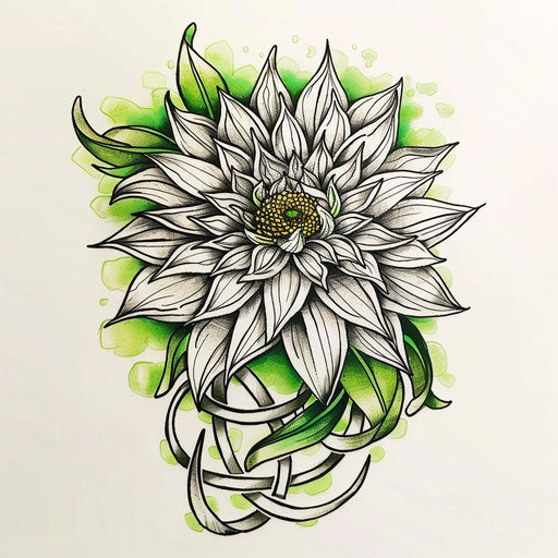 Celtic knot inspired tattoo sketch of an aster flower with interlocking lines and green accents