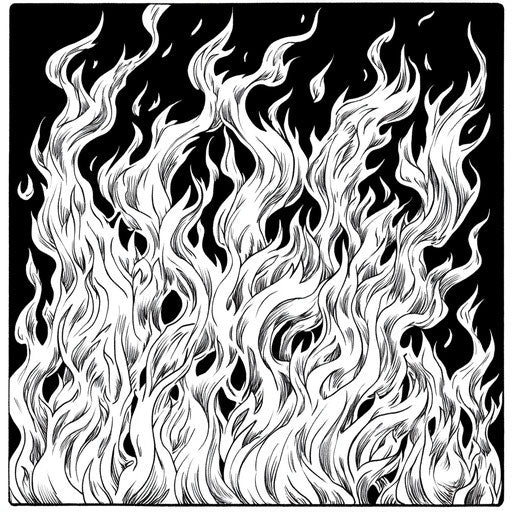 Flames in a noir setting, in the style of Mark Schultz, intense and moody Coloring book page