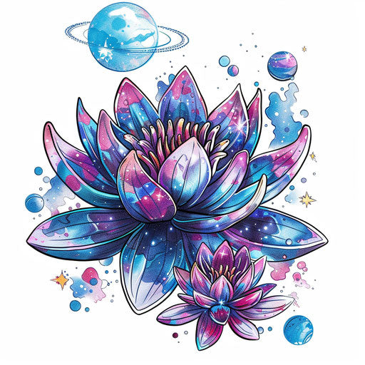 Space-themed water lily tattoo design